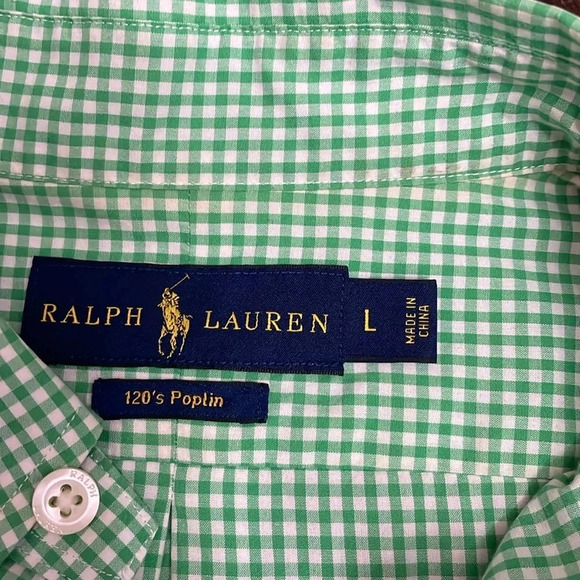 Ralph Lauren Mens L Green White Checked Button Down Long Sleeved Poplin Casual - Picture 3 of 11